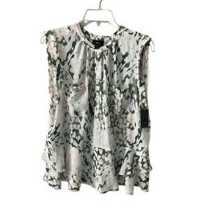 Mossimo Blouse Top Women's Size L Green/White Sleeveless Henley Neck Polyester